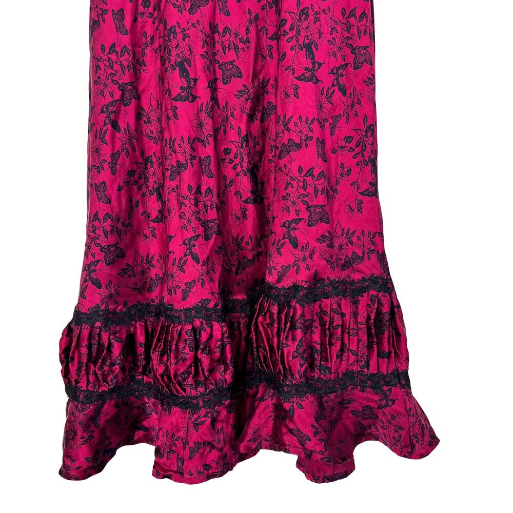 Y2K Silk Slip Dress Magenta Black Lace Butterfly Print Ruffle Hem Vintage - Picture 6 of 8